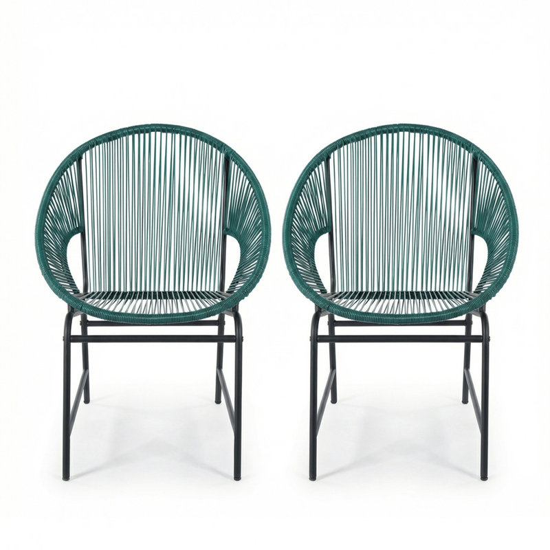Chaise en osier d'extérieur NUSA, cadre en rotin et fer, ensemble de 2, Noir / bleu sarcelle