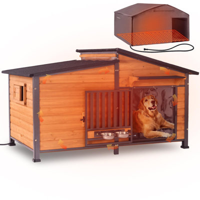 Extra Large Heated Dog House Insulated Dog Kennel Weatherproof Dog Shelter With Safe Heating Pad, Chew-proof Metal Frame, Rotatable Spill-proof Bowl For Large Dog Breeds