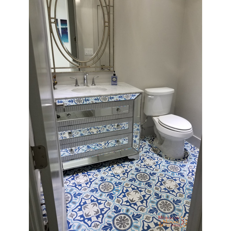 Baha 8" x 8" Cement/Marble Mosaic Wall & Floor Tile, White/Sky Blue/Gray