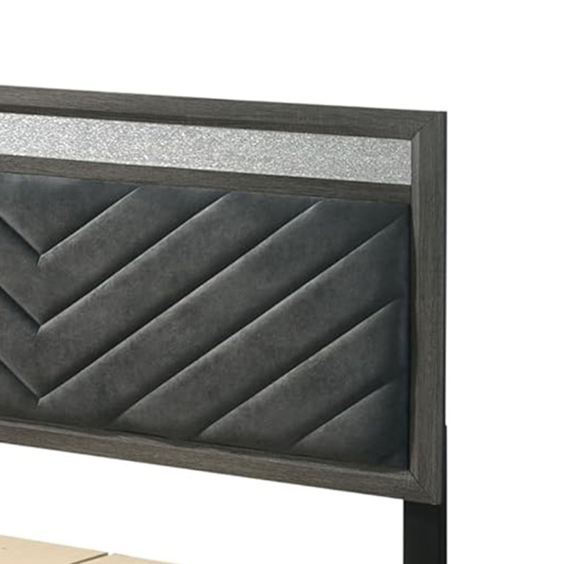 Ensemble de chambre à coucher grand lit, gris, argent, bois noir, ensemble de 3 pièces avec 2 tables de chevet