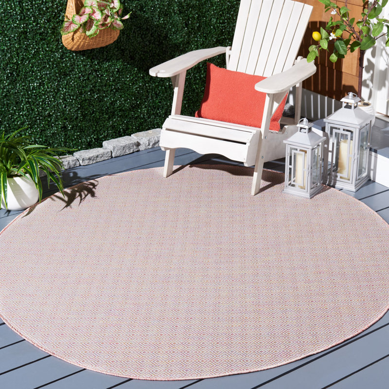 Humphery 230 Area Indoor/Outdoor Area Rug in Light Pink/White/Yellow, Round 6'5"