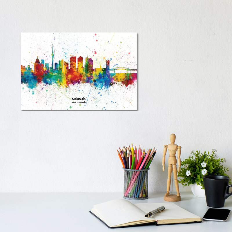 Auckland New Zealand Skyline Splash by Michael Tompsett - Wrapped Canvas Painting, 20.32 cm H x 30.48 cm W