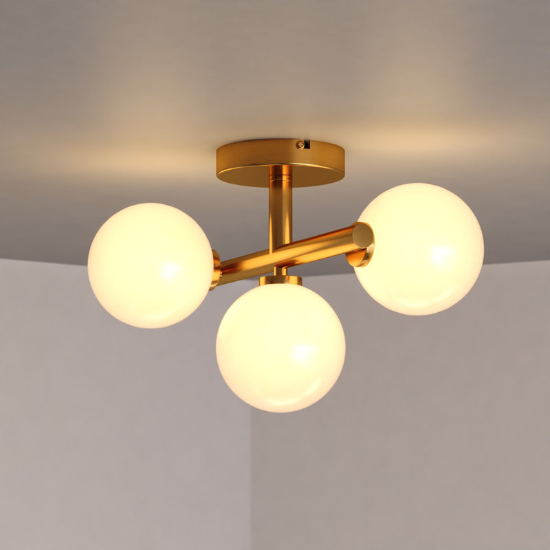 Evan 13-In W Gold Brass Contemporary Semi Flush Mount Ceiling Light Fixture White Frosted Globes