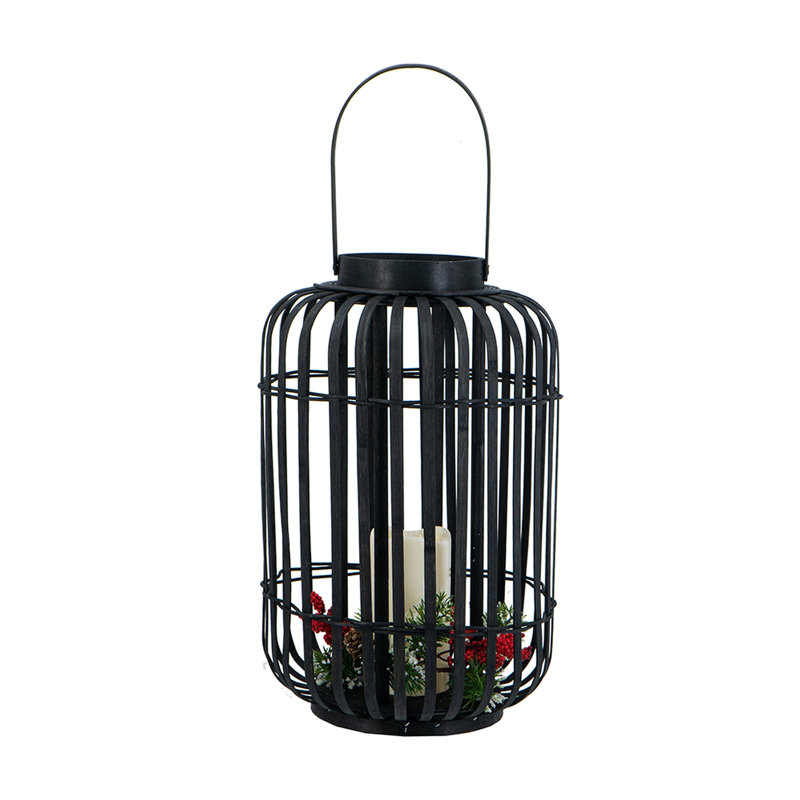 Lanterne en bambou noir 10,2 x 10,2 x 16,3 po avec bougie DEL blanche