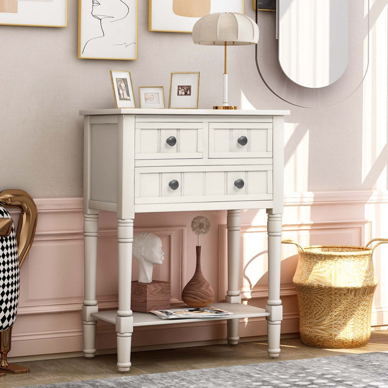 Barbe Narrow Console Table, Slim Sofa Table Sideboards Buffets with Three Storage Drawers and Bottom Shelf, Ivory