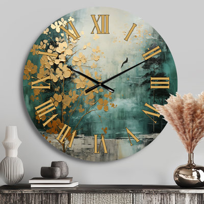 Golden Emerald Forest - Abstract Spirals Golden Face Wall Clock