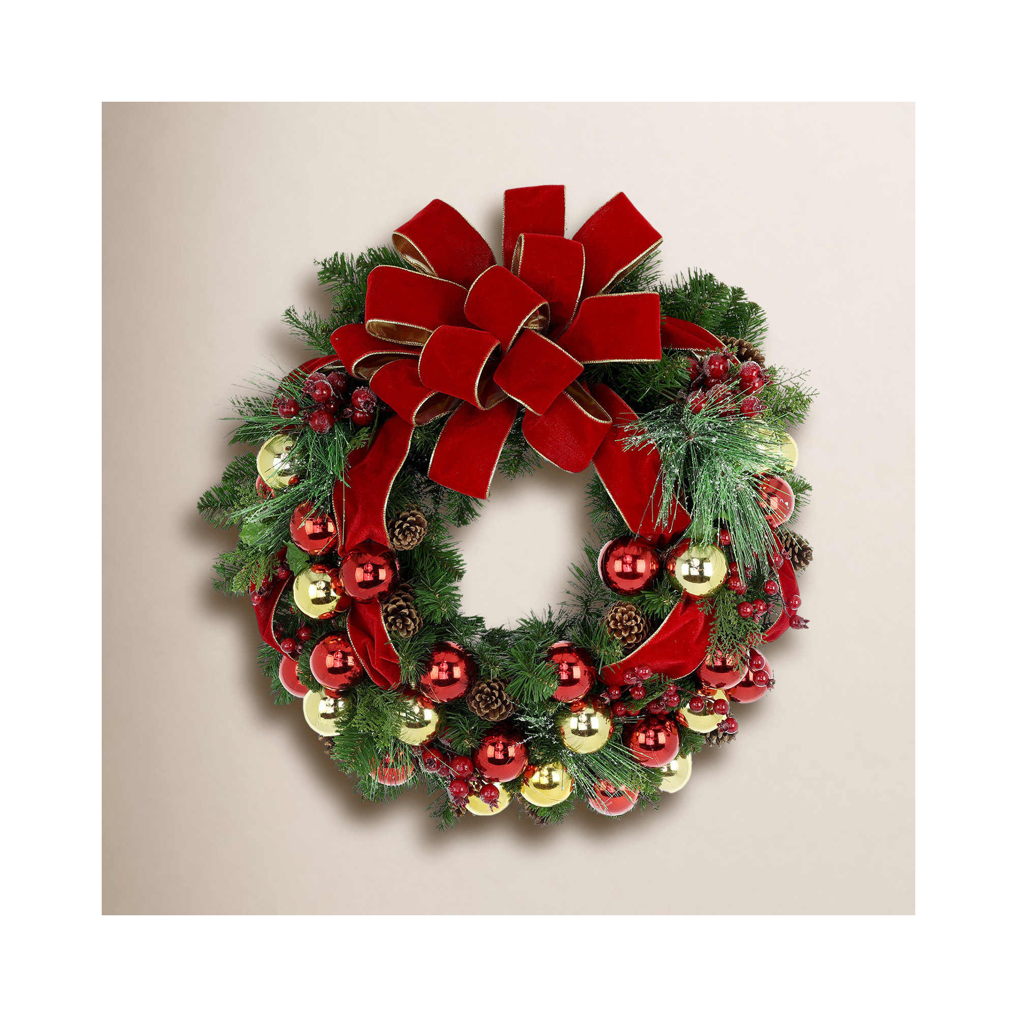 Red and Gold Holiday Wreath with Ornaments and Pine Cones