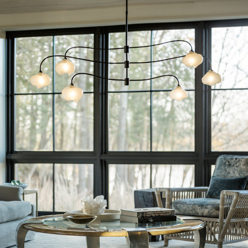 Ume 6 - Light Unique Tiered Chandelier, Black, Long: 29.6" to 74.6", Frosted Glass