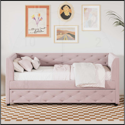 Lit de jour simple rembourré en velours capitonné avec lit gigogne, parfait pour les chambres d'amis et l'espace de couchage supplémentaire