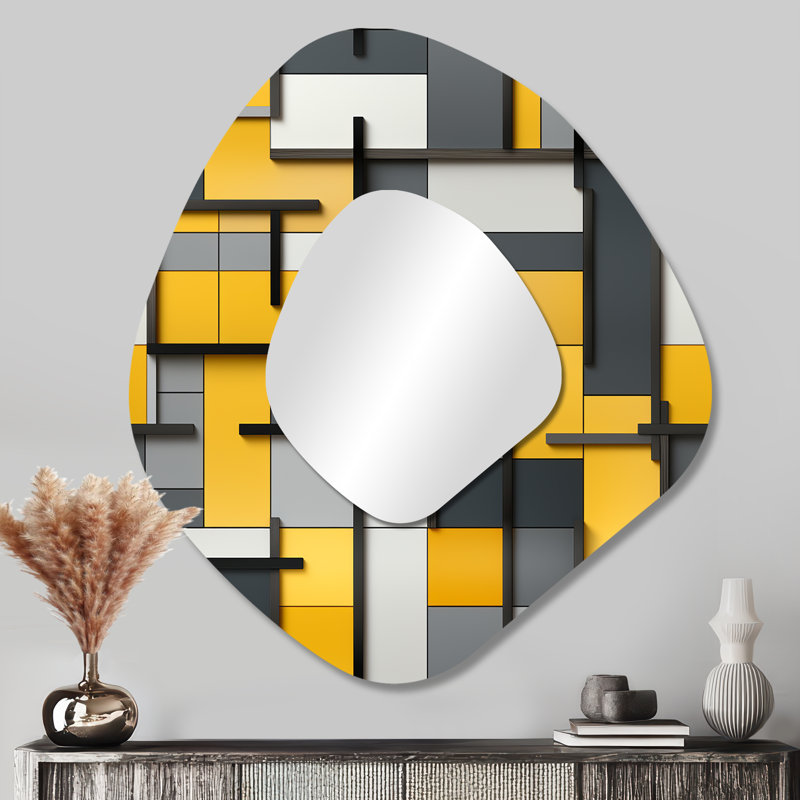 Yellow And Grey Geometric Blocks Harmony - Geometric Unique Shape Large Mirror, Modern Asymmetrical Unique Wall Mirror Decor, Printed Metal Art