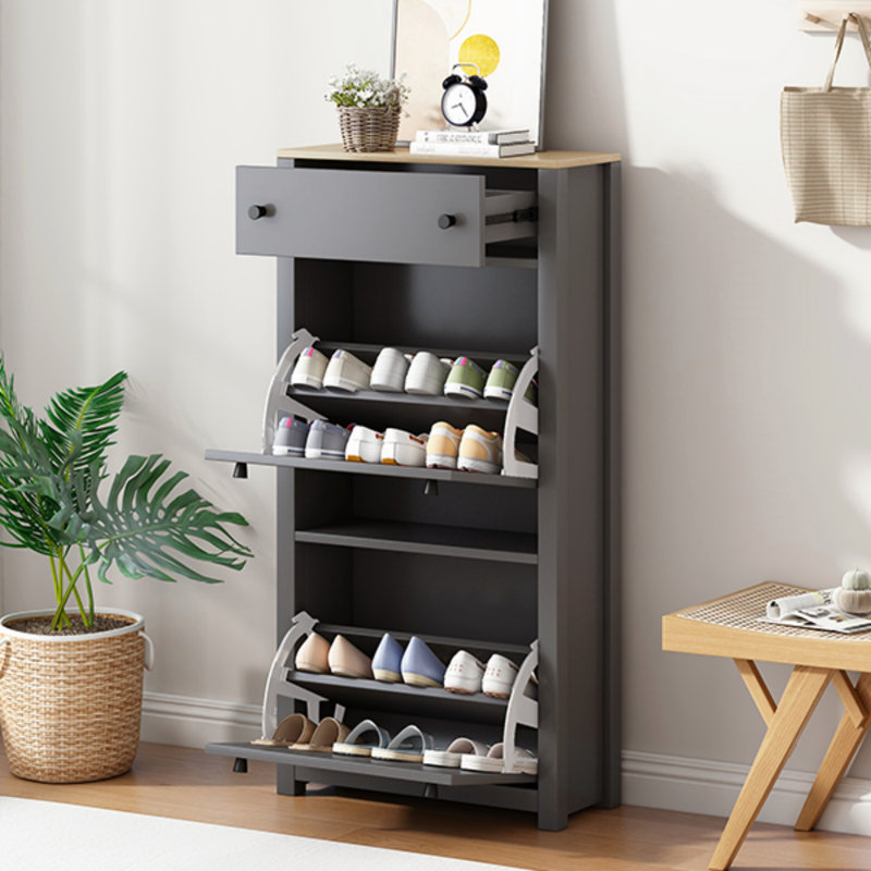 Functional Entryway Organizer With 2 Flip Drawers, Wood Grain Pattern Top Shoe Cabinet With Drawer, Free Standing Shoe Rack With Adjustable Panel
