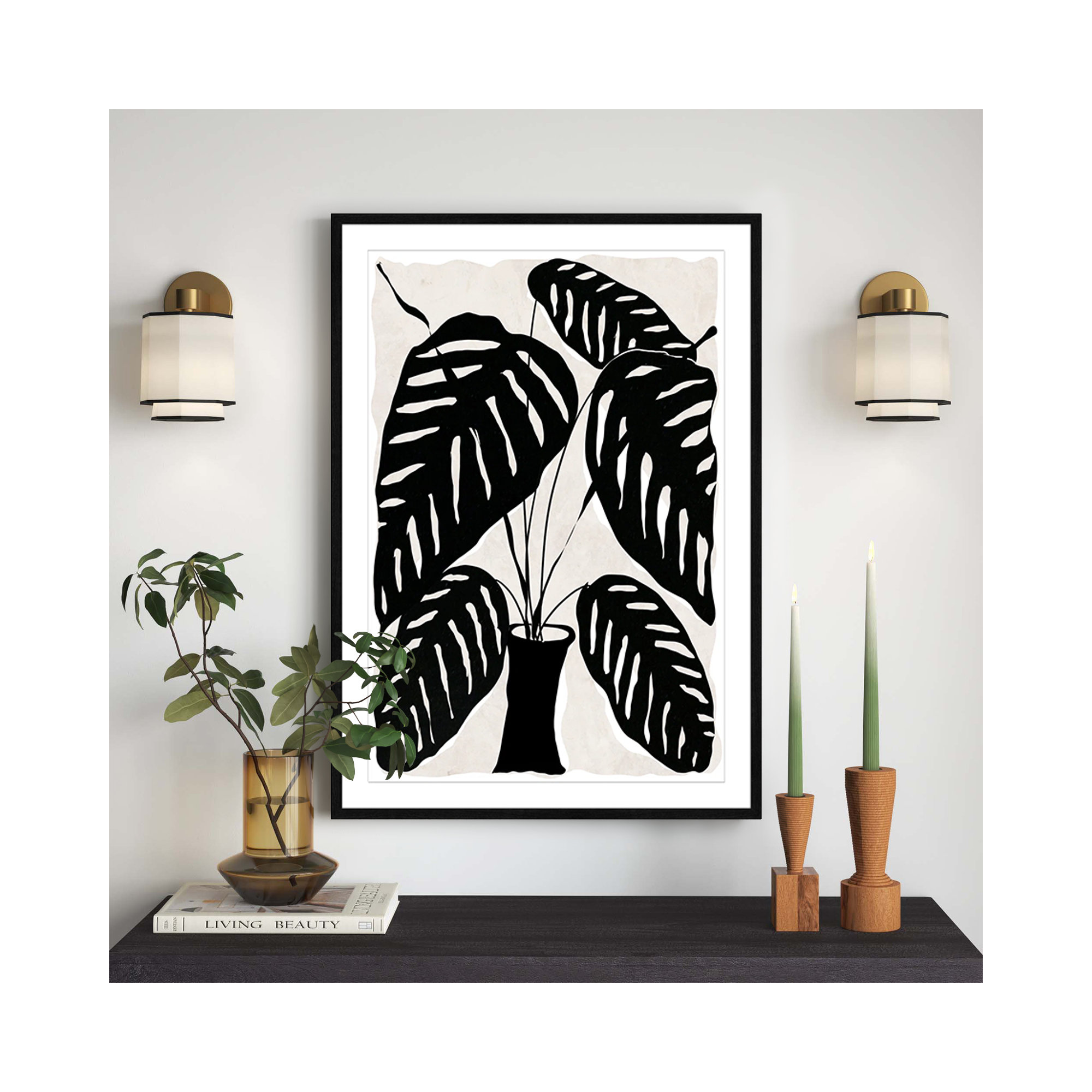 Black And White Potted Plant I by Daniela Santiago, 41.5" H x 29.5" W x 0.75" D, Black Framed