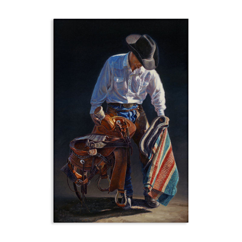 Art mural sur toile Stoic Cowboy & Saddle par David Graham, H 30 po x l 20 po