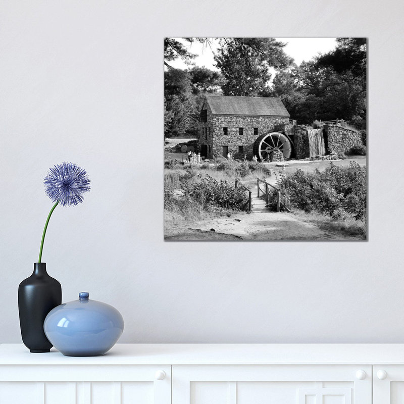 1960s People Tourists Visiting Rustic Grist Mill with Stone Structure Waterfall and Waterwheel Sudbury Massachusetts USA 1 Piece Wrapped Canvas Wall Art