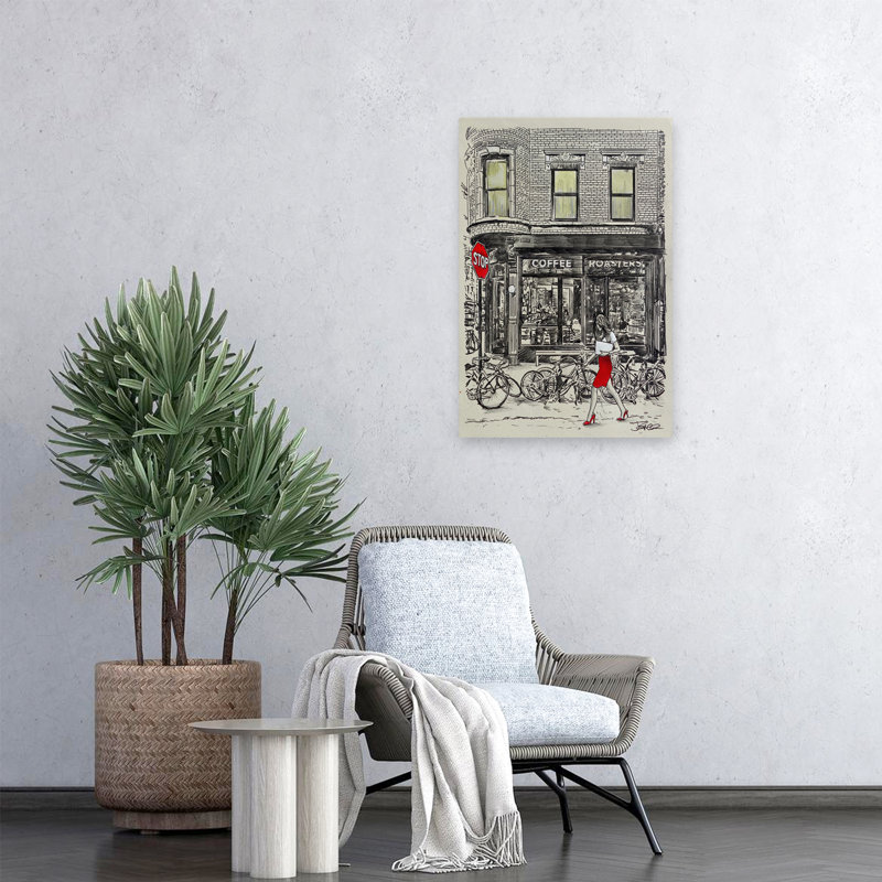 Illustration de paysage contemporain Coffee Place croquis urbain, H 24 po x l 16 po