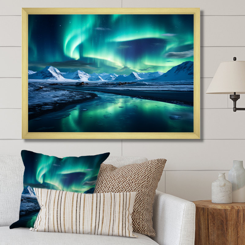 «Islandais Borealis», art mural «Aurora Borealis», Cadre flottant noir, H 16 po x l 32 po x P 1 po