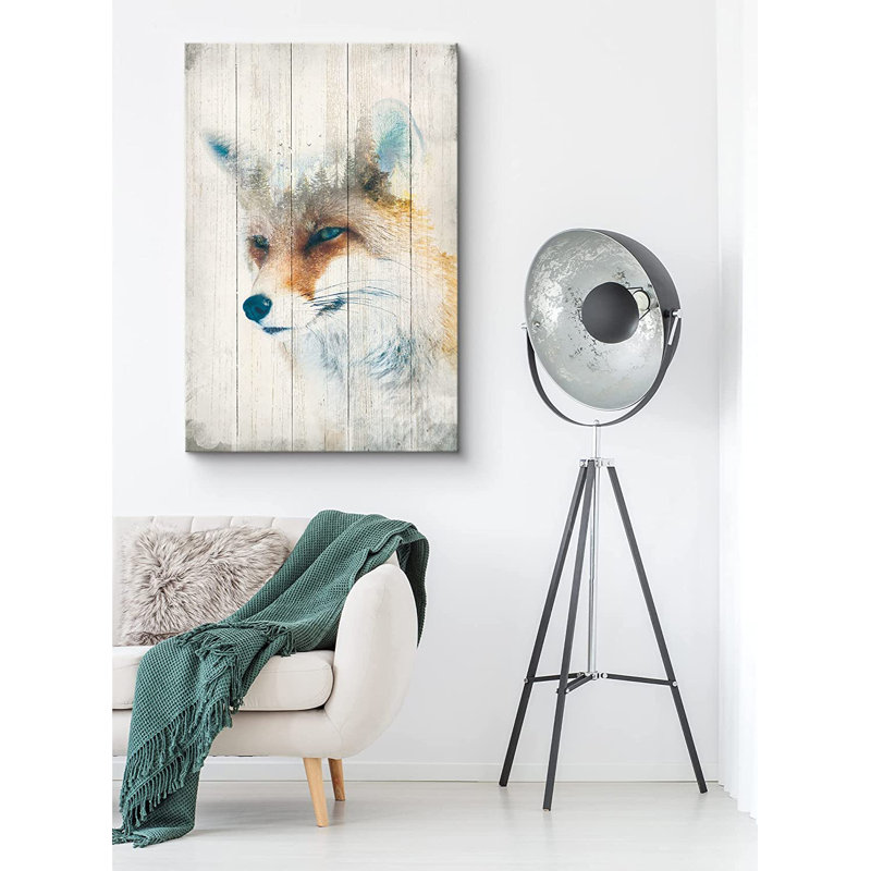 IDÉE4WALL, reproduction d'art sur toile, double exposition, renard et pins, animaux, nature sauvage, technique mixte, art moderne, portrait rustique, chaleureux pour le salon, la chambre à coucher, le bureau