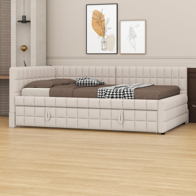 Lit de jour rembourré en L avec couchette escamotable et ports USB, Beige