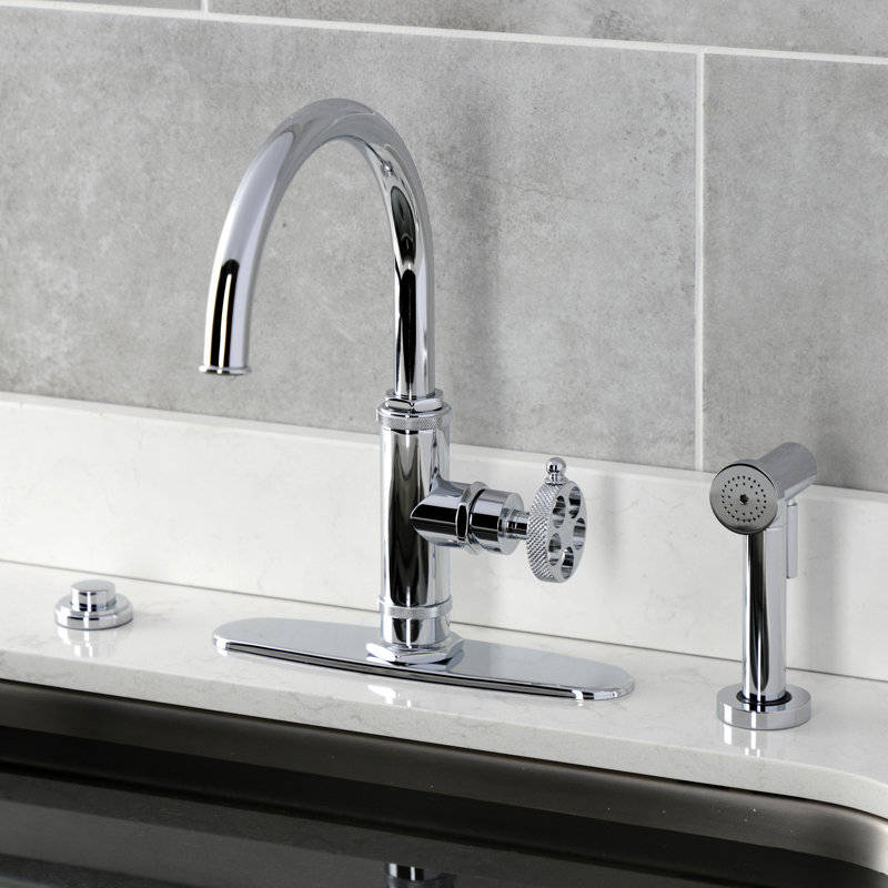 Kingston Brass Webb Single-Handle 1-Hole Deck Mount Kitchen Faucet with Knurled Handle and Brass Side Sprayer