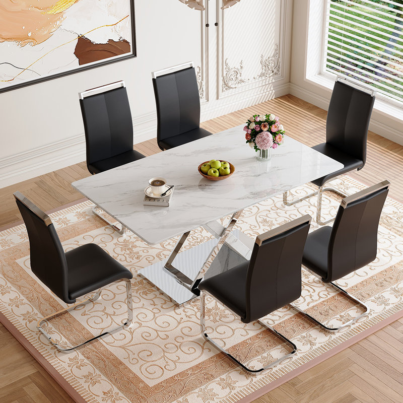 Glass Dining Table Set For 6, 7, Black/Silver