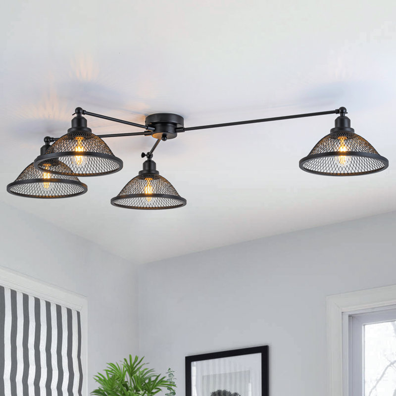 47.24" Industrial Linear Matte Black 4-Light Flush Mount Ceiling Light with Mesh Shades for Kitchen Island Dining Room