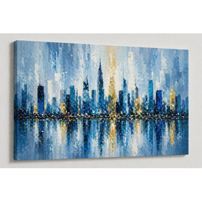 Grand art urbain sur toile bleu, paysage urbain moderne, réflexion sur le salon, chambre à coucher, bureau, impression sur toile 24 x 36 pouces - prêt à être accroché