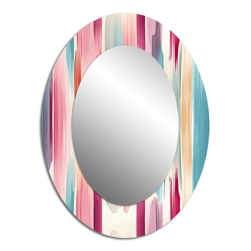 Blue And Pink Artist Strokes Line Pattern Bliss - Mid-Century Oval Wall Mirror, 40" H x 30" W