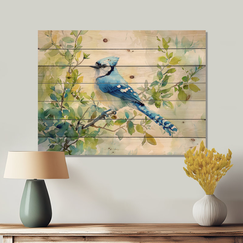 Geai bleu pastel perché sur une branche - impression sur bois d'oiseau - sur bois de pin naturel, H 24 po x l 32 po