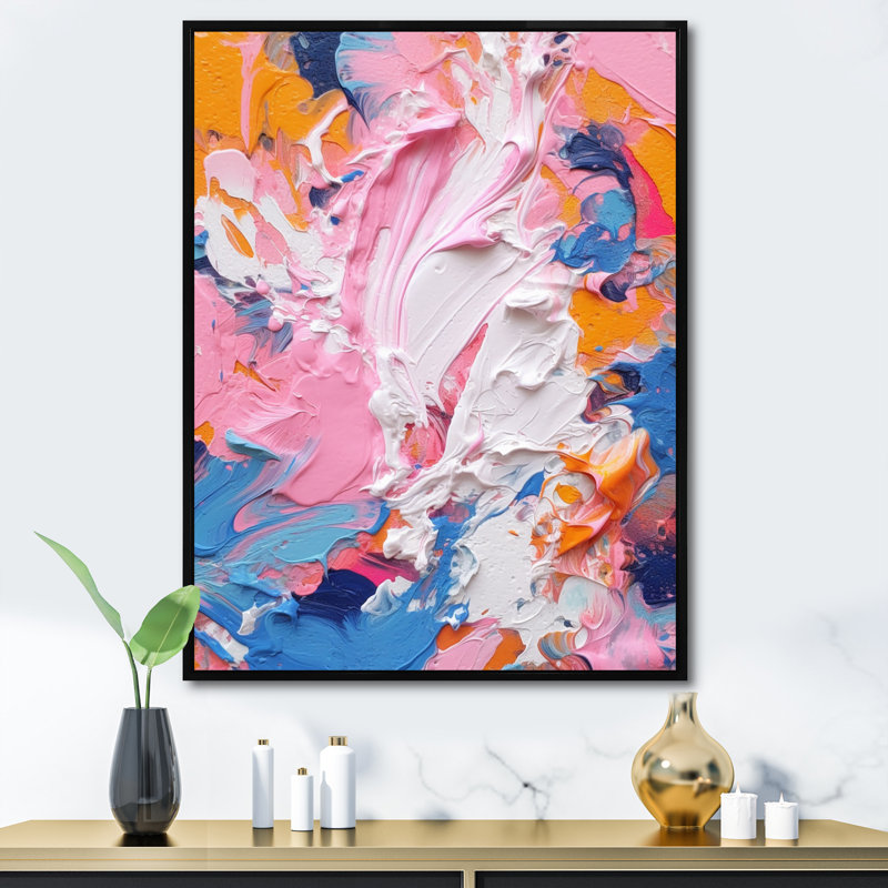 Explosions roses et blanches de couleur II sur toile, H 44 po x l 34 po x P 1,5 po, Cadre flottant noir