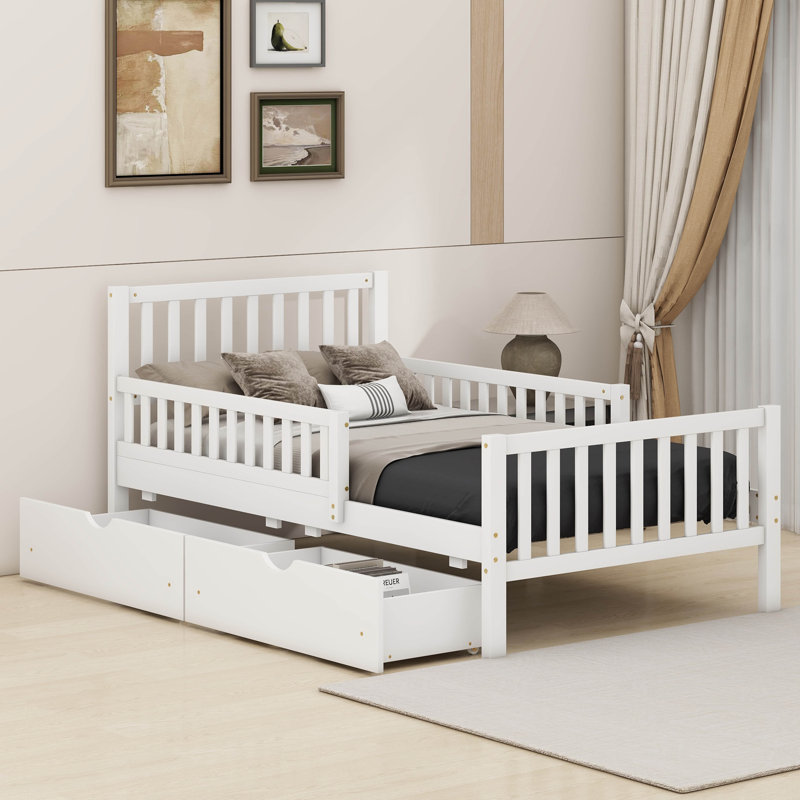 Lit plateforme en bois avec garde-corps des deux côtés et deux tiroirs, Simple, Blanc