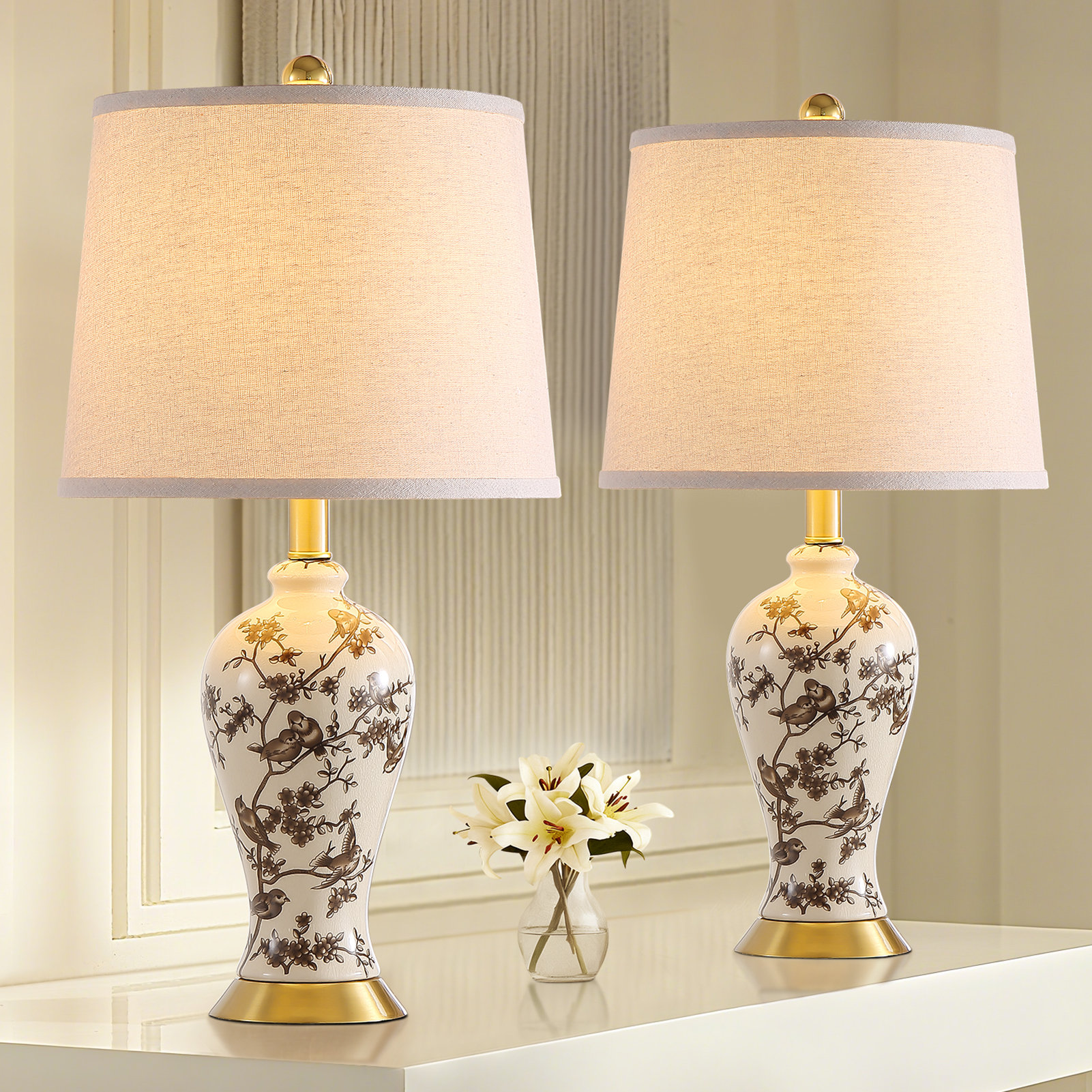 17 Stories 24? Blue & White Porcelain Table Lamp With Classic Chinoiserie Pattern – Cottage-Style Bedside & Living Room Table Lamp With Free LED Bulb (Set Of 2) | Wayfair