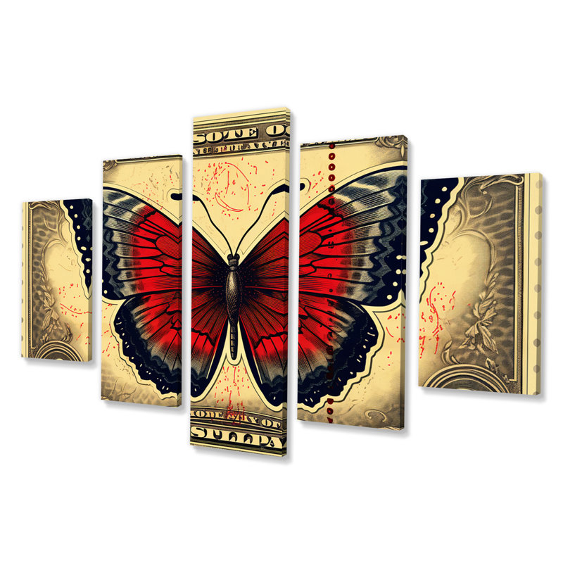 Illustration rétro de papillon rouge I - reproduction d'art sur toile animaux - 5 panneaux