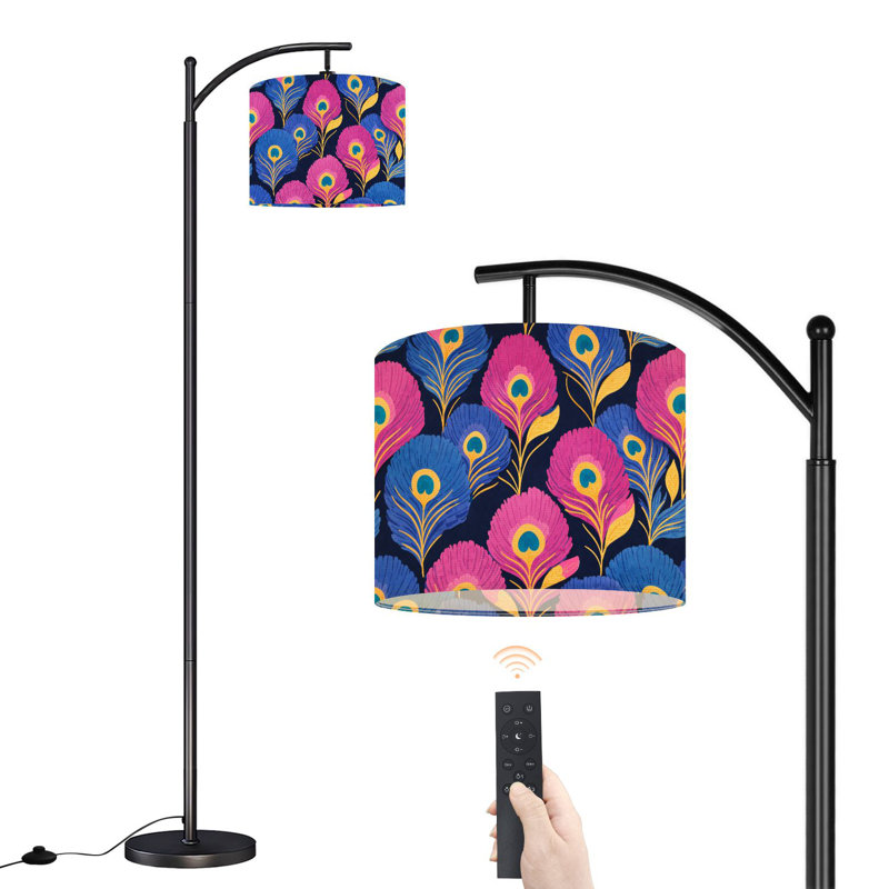 Lampe sur pied à arc avec abat-jour réglable Plume de paon Lampe sur pied vibrante bleu mauve et doré 3 températures de couleur Lampe à mât haut avec interrupteur au pied pour la chambre à coucher