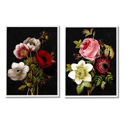 Vintage Blooms On Black 2 Pieces by Piddix -  Stupell Industries, a2-610_wfr_2pc_11x14