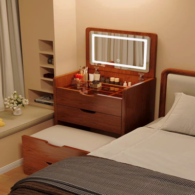 (48cm) (Noyer) Bureau de coiffeuse 3 en 1 avec miroir rabattable, petit ensemble de coiffeuse avec bureau en verre visible, coiffeuse compacte avec 3 tiroirs, coiffeuse