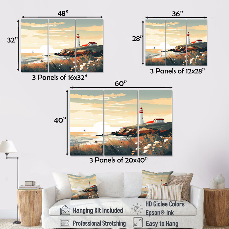 «Coastal Light House Scenery II», ensemble d'art mural avec phare de plage, H 28 po x l 36 po x P 1 po