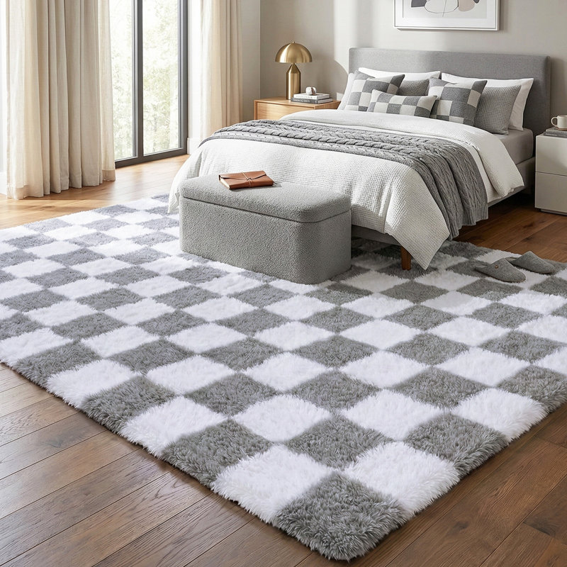 Plush Checkered Shag Area Rug - Soft Fluffy Green & White Grid Fleece Carpet for Living Room, Bedroom, Dry-Clean Only, High-Pile Shaggy Rug with Modern Checkerboard Pattern, Cozy Non-Slip Floor Decor for Contemporary Home Spaces