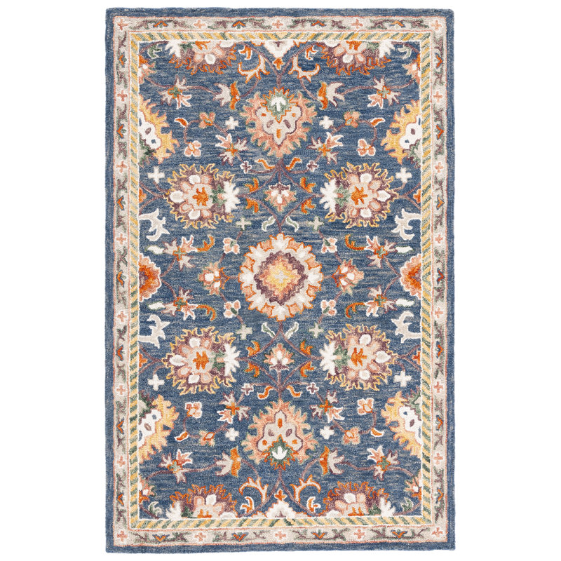 Hand Tufted Wool/Cotton Oriental Rug in White/Brown/Blue, Rectangle 5' x 8'
