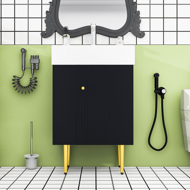 Meuble-lavabo de salle de bain avec lavabo en céramique, Noir, noir, noir, noir