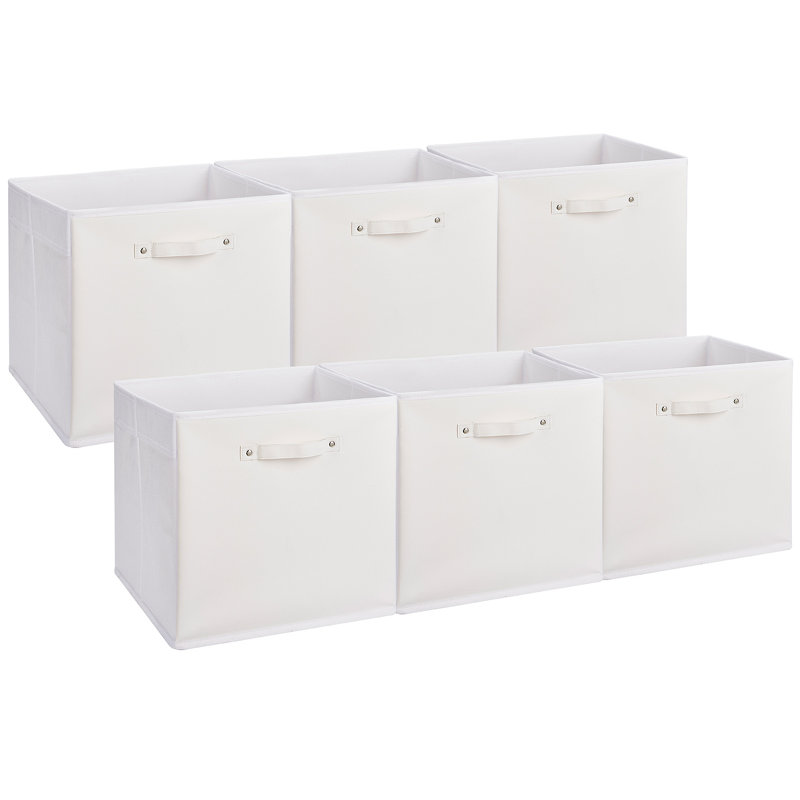 6PCS White 13 Inch Fabric Storage Bins with Faux Leather Handles, Foldable Cube Organizer Baskets for Shelves and Closet Collapsible Storage Boxes for Clothes Toys