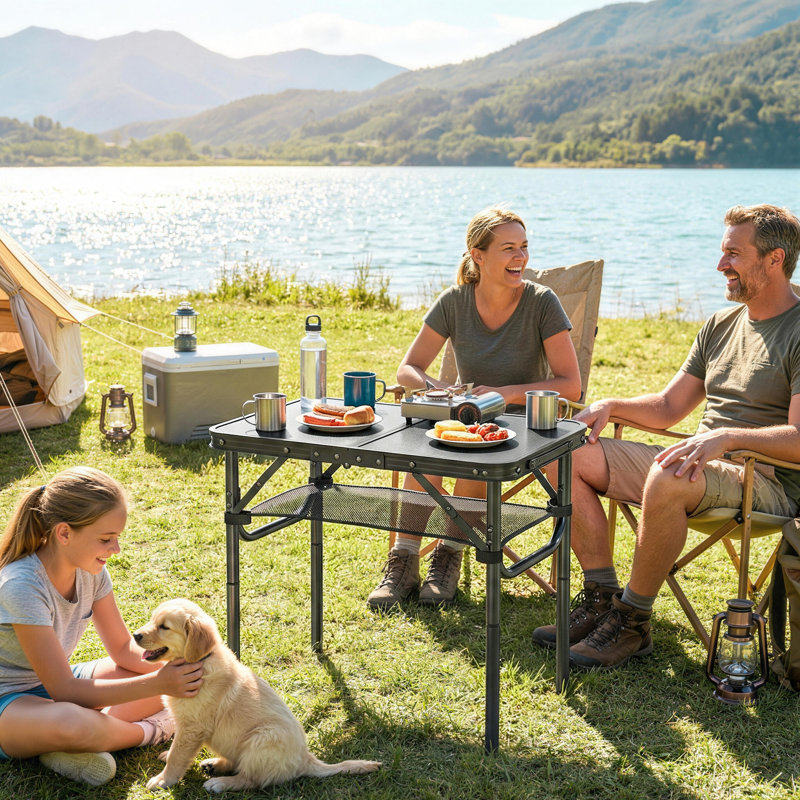 Outsunny 3ft Folding Camping Table with Mesh Storage Layer, 70cm H x 60cm L x 40cm D, Black