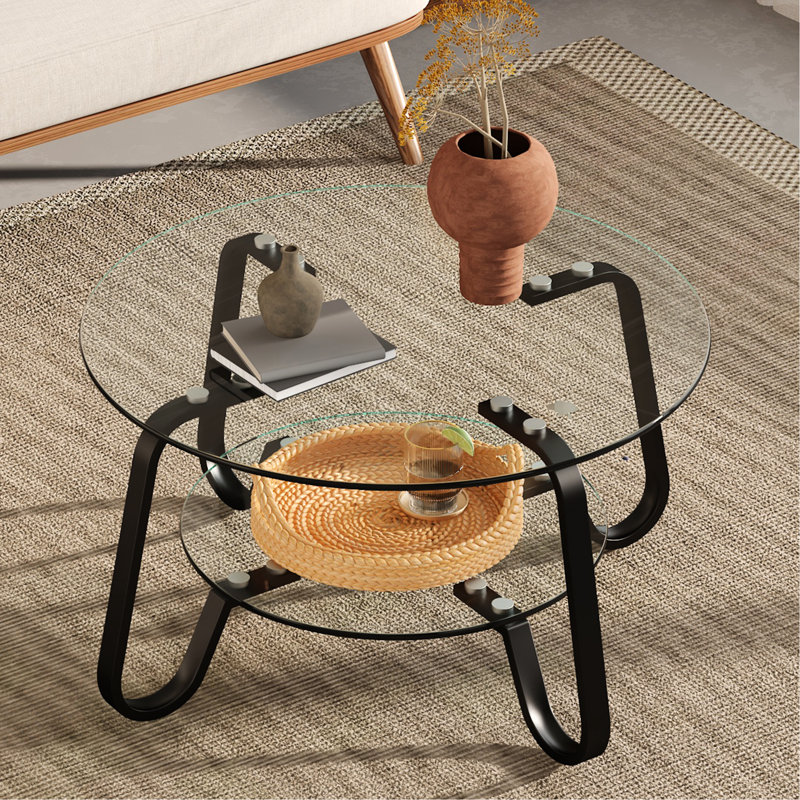 Table basse en verre trempé à double couche avec cadre en métal de conception rétro, 31,5 po *, polyvalente pour différentes utilisations. Conception rétro, simple à nettoyer et à gérer