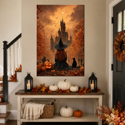Art mural d'automne d'Halloween, décoration murale de photos d'Halloween, art mural d'Halloween sur toile avec sorcière et château gothique, décoration murale de couleurs chaudes de sorcière d'automne, art mural gothique pour salon, entrée ou chambre à coucher 24 po x 36 po