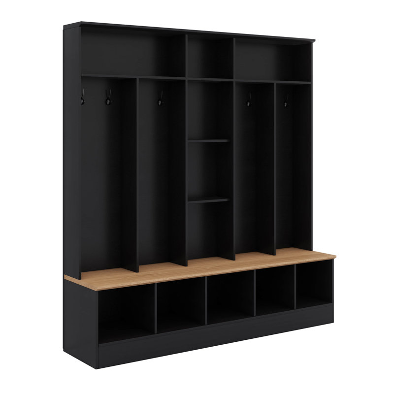 Multi-Functional Coat Rack With Metal Hooks, Shoe Cabinet With Storage Cubes And Shelves, Black