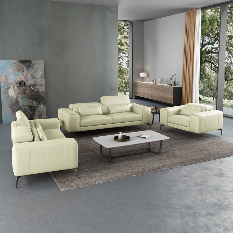 Cavour 3 Piece Genuine Leather Living Room Set, Off White Genuine Leather
