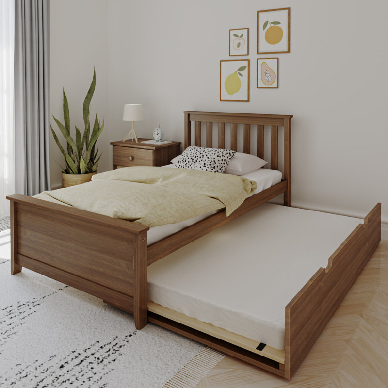 Lit plateforme simple en bois massif avec lit gigogne Boling, Noyer, Lit simple