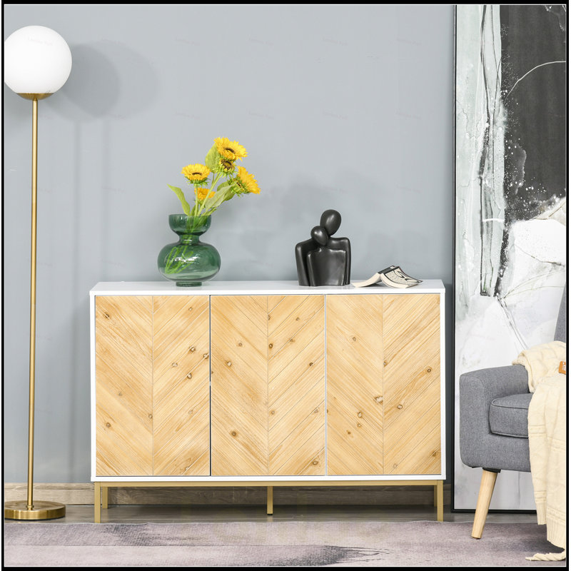 3 Door Sideboard Buffet Cabinet with Chevron Pattern, Adjustable Shelf, and Metal Legs for Modern Storage Solutions