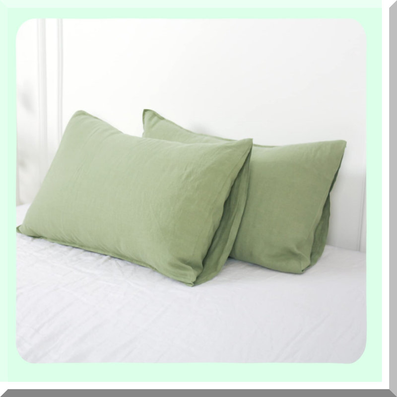 Sage Green Linen Pillowcase Set - 100% Flax Shams, Standard Queen Size 20"x30", Envelope Closure, Natural Washed, Basic Style, Pair of 2