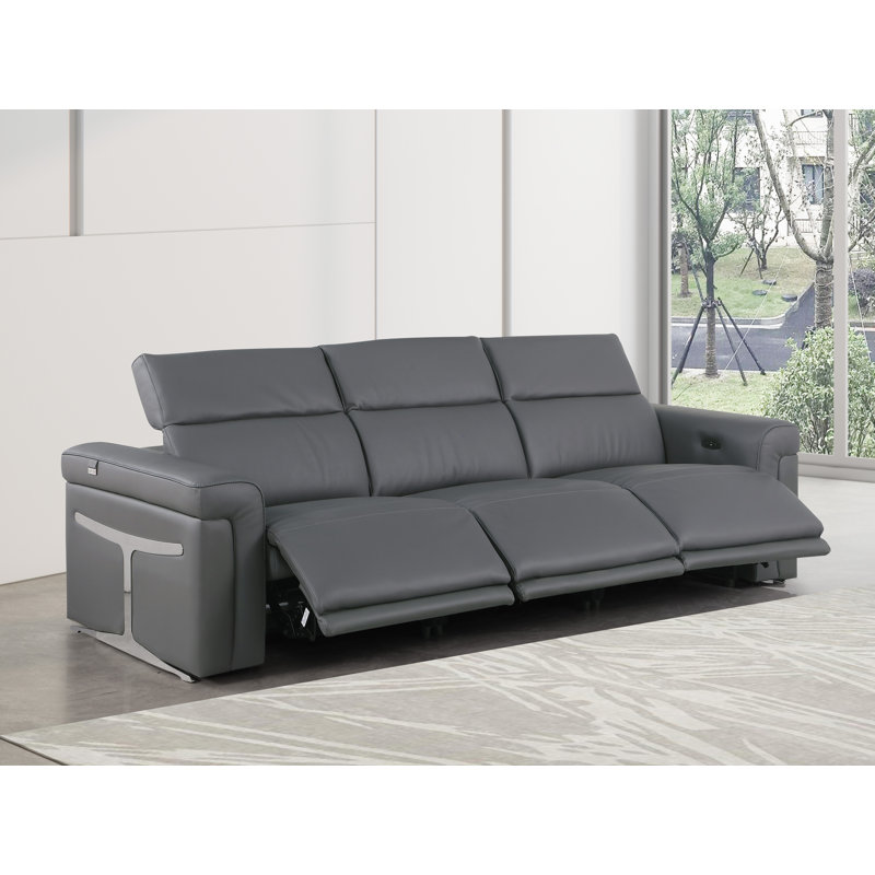 3-Power Seat Reclining Italian Leather Sofa With Power Headrest, Dark Gray