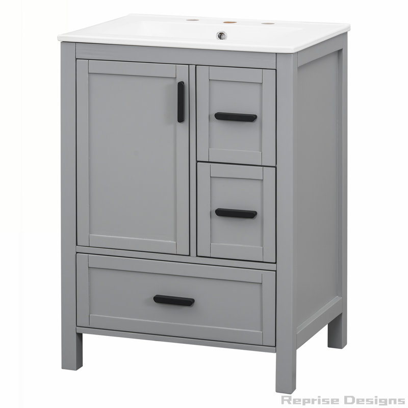 Meuble-lavabo moderne de 24 pouces avec lavabo en céramique, tablette de porte double couche et 3 tiroirs, Gris